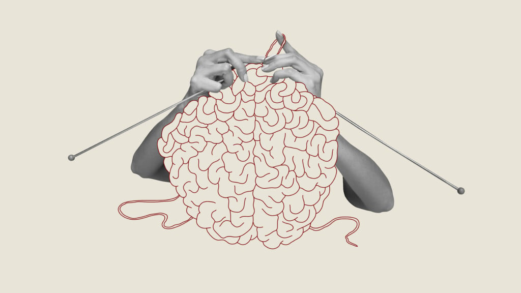 Contemporary Art Collage. Human Hands Knitting Brain. Growing Psychological And Emotional Stability. Abstract Design